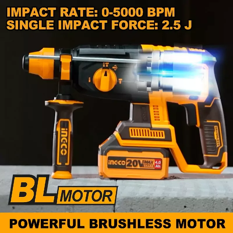 Ingco Cordless Rotary Hammer Drill 20V with Brushless Motor, SDS Plus, Integrated LED, Battery & Charger CRHLI202287