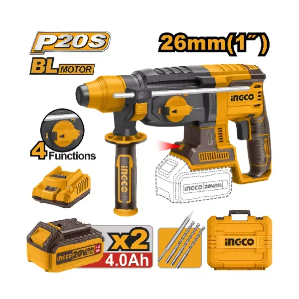 Ingco Cordless Rotary Hammer Drill 20V with Brushless Motor, SDS Plus, Integrated LED, Battery & Charger CRHLI202287