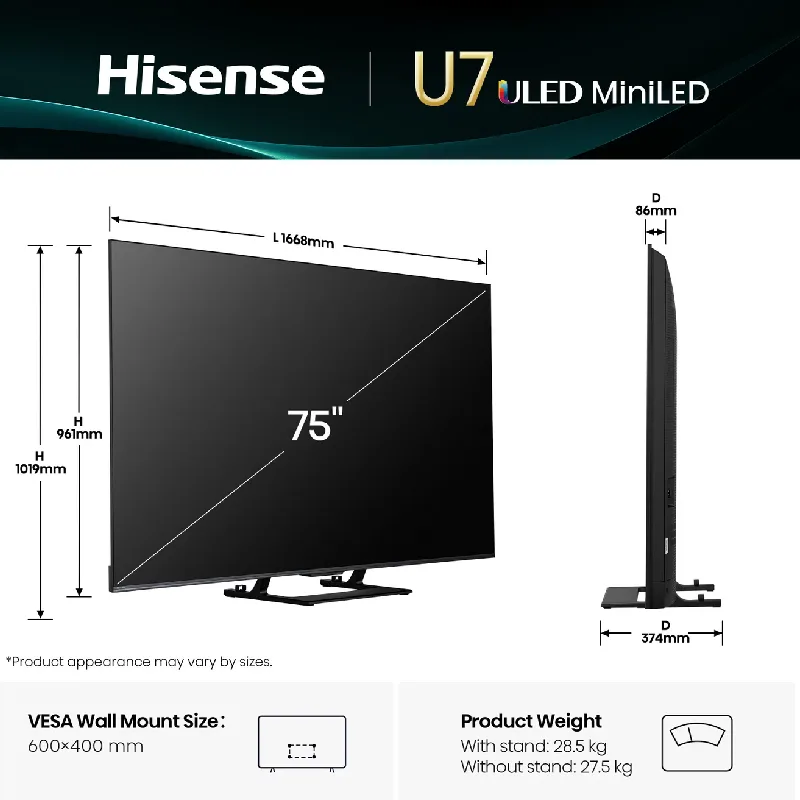 Hisense 75" UHD 4K Smart Quantum ULED TV with Mini LED Panel, Dolby Atmos, Inbuilt Subwoofer, VIDAA OS 75U7Q