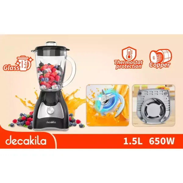 Decakila Blender 1.5l Plastic Jug with Stainless Steel Blades 650w Kejb045b unbreakable material high temperature protection