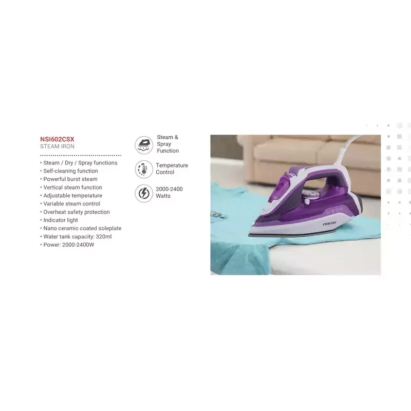 Nikai Steam Iron 320ml Tank Dry and Spray Functions 2400w NSI602CSX Temperature Control Nano Ceramic Coated Soleplate Vertical Steam Function Indicator Light Powerful Burst System