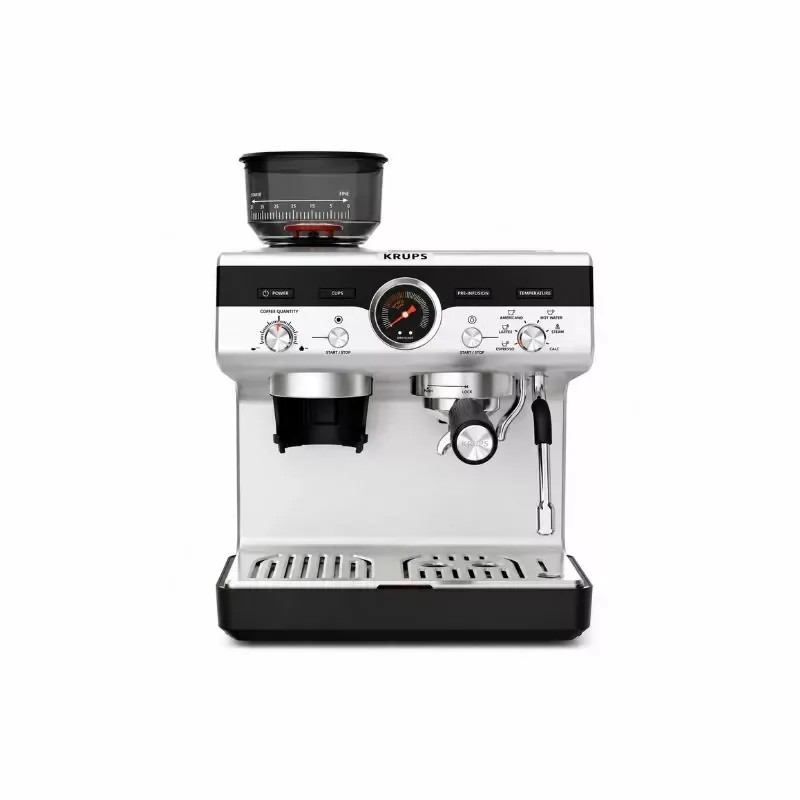 Krups Espresso Machine with Grinder, Built-In Conical Grinder, 30 Grind Settings, Thermoblock Heating, Steam Wand, Stainless Steel XP801EM0