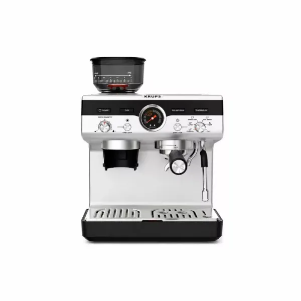 Krups Espresso Machine with Grinder, Built-In Conical Grinder, 30 Grind Settings, Thermoblock Heating, Steam Wand, Stainless Steel XP801EM0