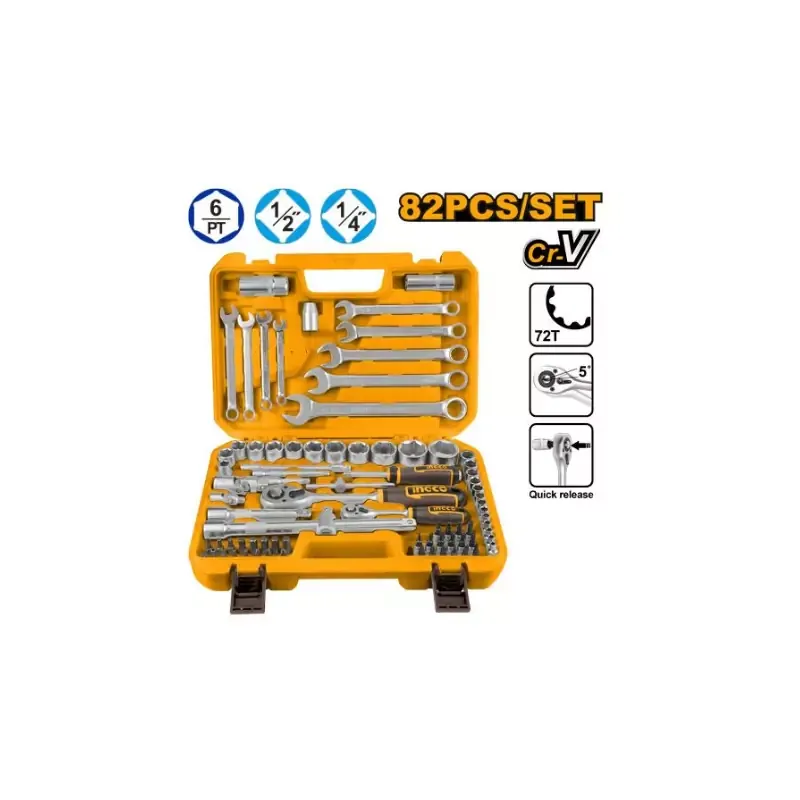 Ingco 82pcs 1/4" &1/2" Socket Set with Cr-V Steel Material, Three Color Soft Handle HKTS42802