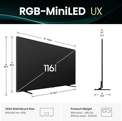 Hisense 116-Inch Class Premium UX Series RGB-MiniLED 4K UHD HDR Google Smart TV - 3D Color Master Pro, Native 165Hz Panel 116UX