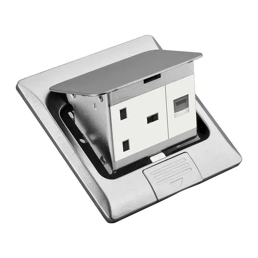 Tronic Stainless Steel Access Floor Socket - 13A Socket + RJ45, Pop-Up Type