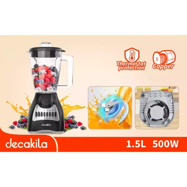 Decakila Blender 1.5l Plastic Jug with Stainless Steel Blades 500w Kejb044b unbreakable material high temperature protection