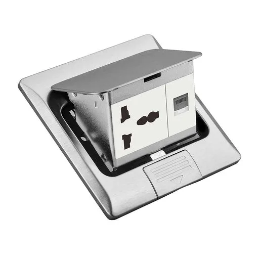 Tronic Stainless Steel Access Floor Socket - 13A Universal Socket + RJ45 BF POPU-06-UN