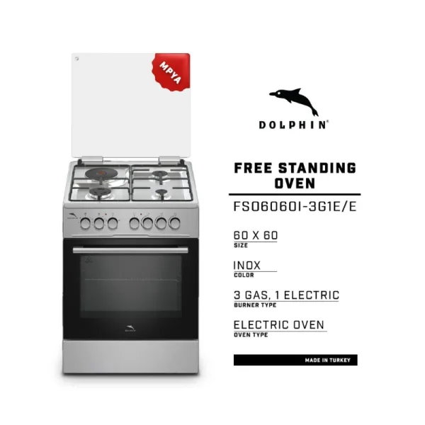 Dolphin Free Standing Cooking Range 60x60, 3 Gas Burners, 1 Electric Hot Plate & Electric Oven, Inox FS06060I-3G1E/E