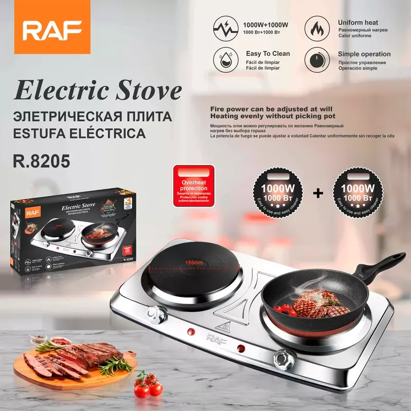 RAF Stainless Steel Electric Stovetop - Dual Hot Plate Cooker 1000W + 1000W, Portable Double Burner R.8205 4 RAF Stainless Steel Electric Stovetop - Dual Hot Plate Cooker 1000W + 1000W, Portable Double Burner R.8205