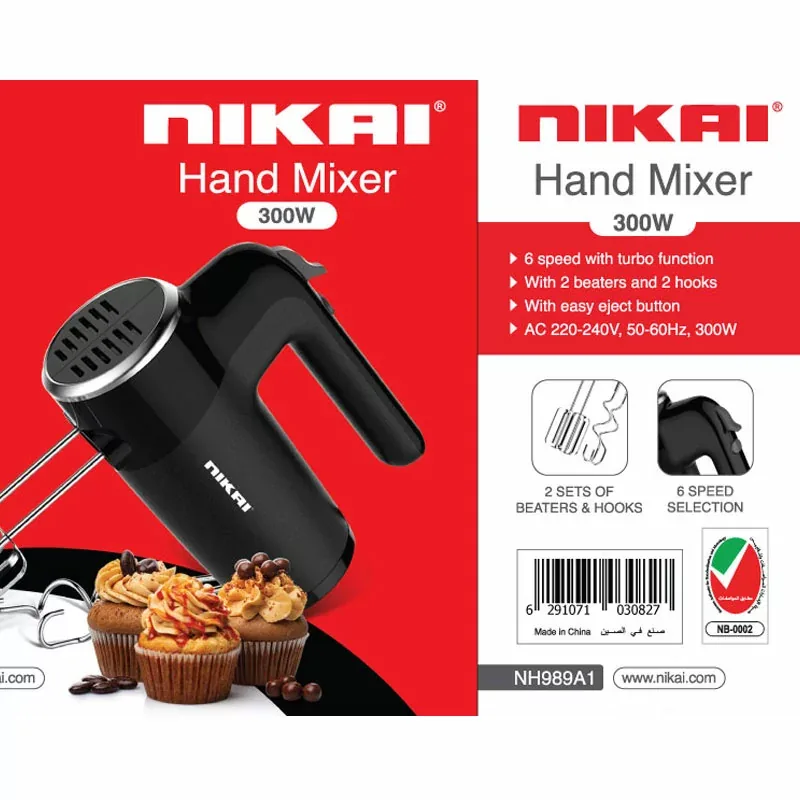 Nikai Hand Mixer 6 Speeds With Turbo Function 300W NH989A1 2 Beaters For Eggs And Cream And 2 Hooks For Mixing Dough With Easy Eject Button