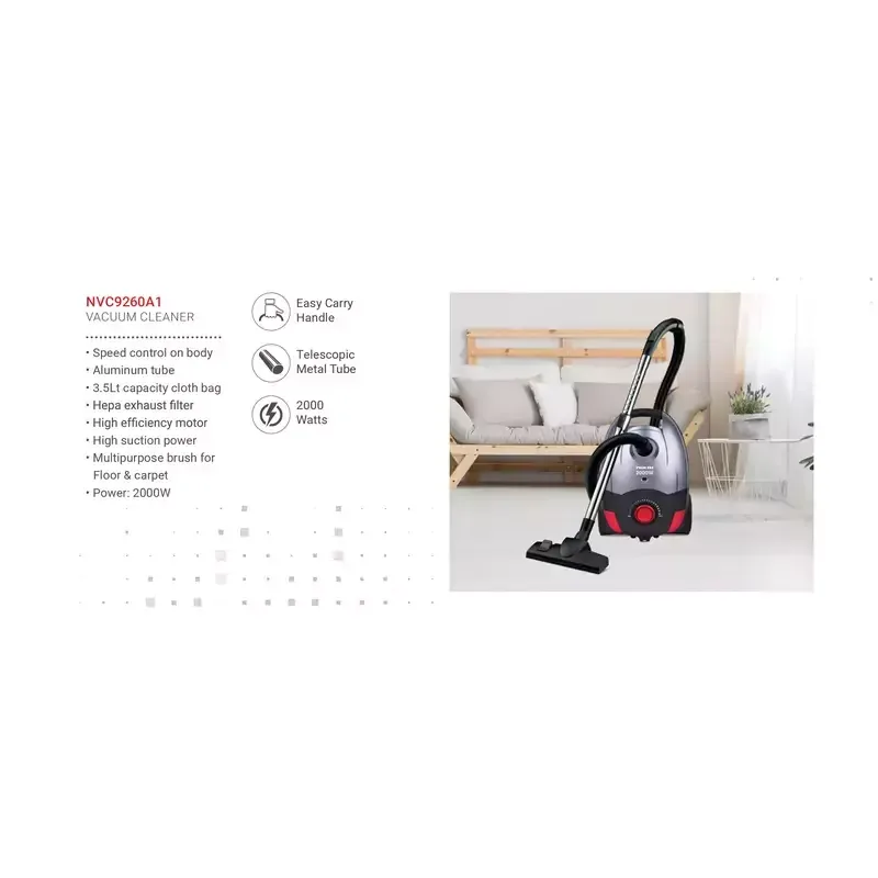 Nikai Vacuum Cleaner 3.5l Carry Handle with Cloth Bag 2000w NVC9260A1 Metal Telescopic Tube Exhaust Filter Multipurpose Brush For Floor And Carpet High Efficiency Motor