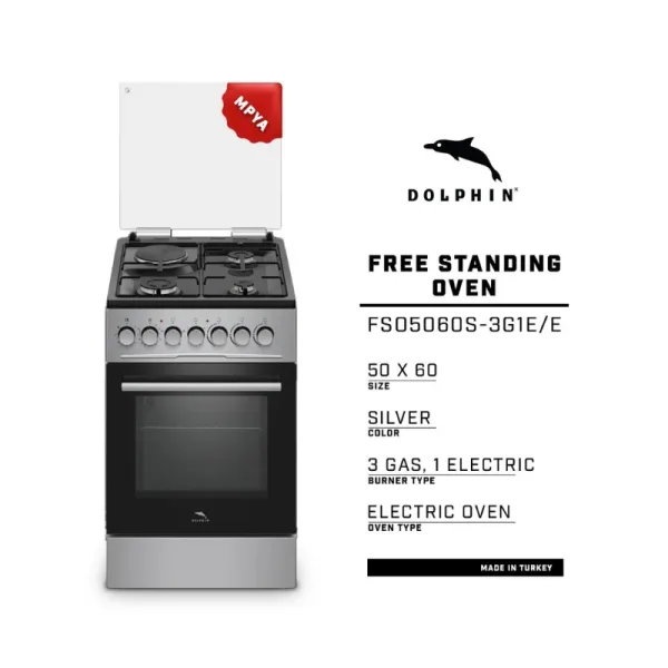 Dolphin Free Standing Cooking Range 50x60, 3 Gas Burners, 1 Electric Hot Plate & Electric Oven, Silver FS05060S-3G1E/E
