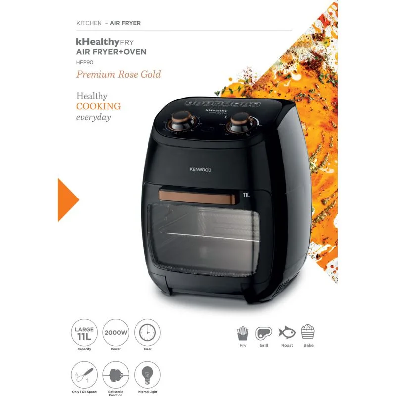 Kenwood Airfryer 11l Manual with Oven 4 in 1 Fry, Grill, Roast and Bake 2000w Hfp90.000bk - 60 Mins Timer With Rosting Function Removable Tray And Glass Door