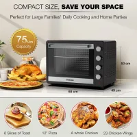 Nikai Oven Electric 75L With Rosting Function 4 Knobs Control 2200W NT75RCZ 120 Mins Timer Convection Function Single Inner Light Glass Panel