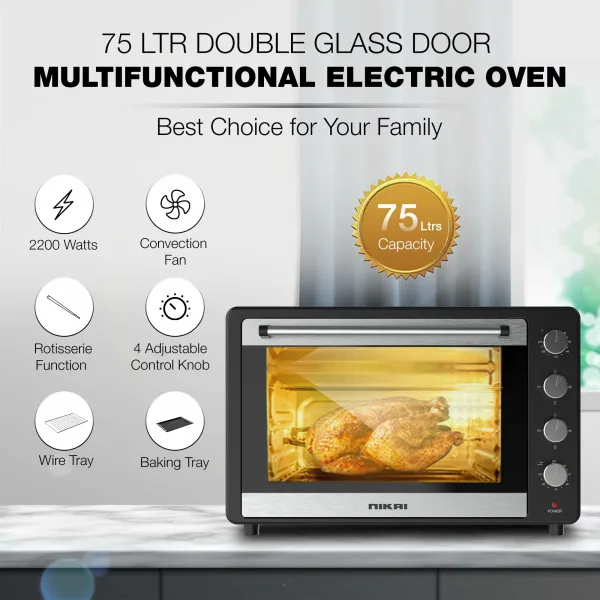 Nikai Oven Electric 75L With Rosting Function 4 Knobs Control 2200W NT75RCZ 120 Mins Timer Convection Function Single Inner Light Glass Panel