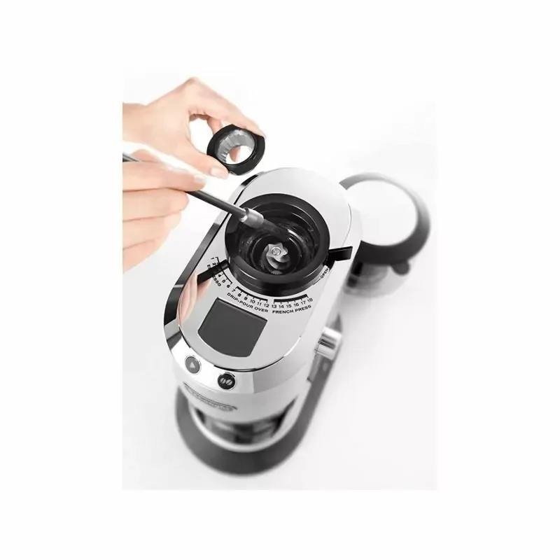 Delonghi Dedica Coffee Grinder, Large Bean Hopper, Burr Grinding System, 14 Cups, Metallic KG521.M