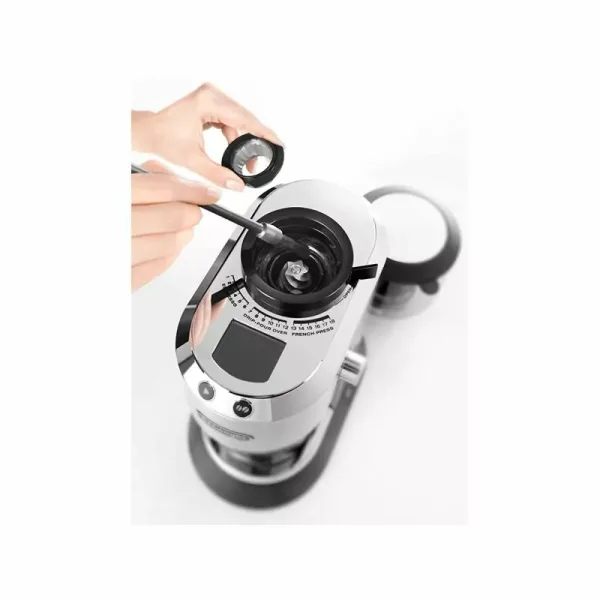 Delonghi Dedica Coffee Grinder, Large Bean Hopper, Burr Grinding System, 14 Cups, Metallic KG521.M