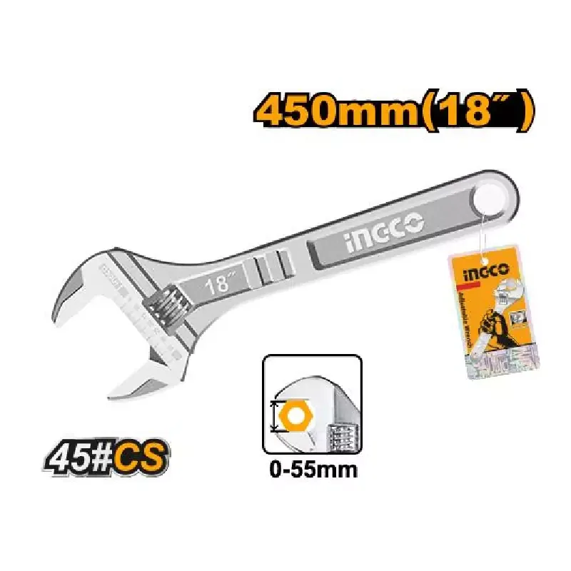 Ingco Adjustable Wrench 450mm(18") with Adjustable Clamp, Carbon Steel Body HADW131182