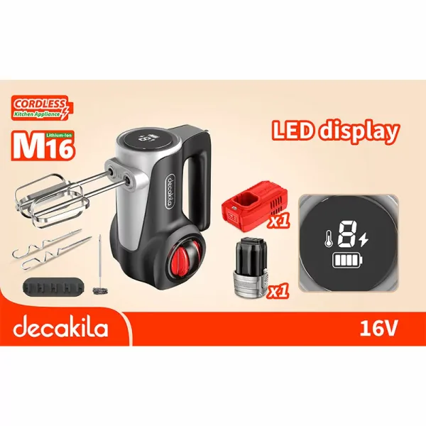 Decakila Hand Mixer Cordless 7 Speed with Eject Function 125w Kemx023b 2 whisks and 2 beater hooks led display with self stand design for storage convenience