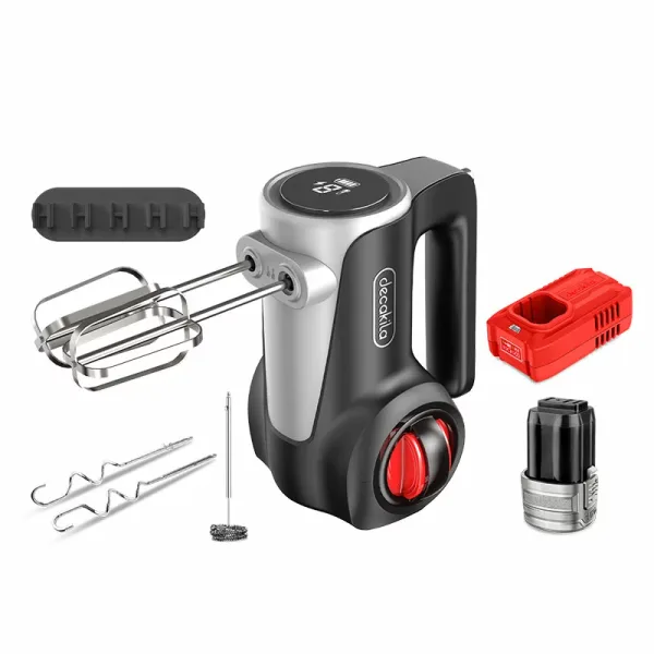 Decakila Hand Mixer Cordless 7 Speed with Eject Function 125w Kemx023b 2 whisks and 2 beater hooks led display with self stand design for storage convenience