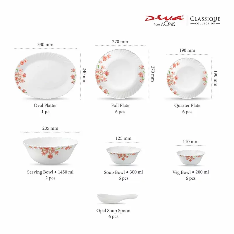 La Opala Dinner Set Aster Pink Classique 47 Pieces LP047