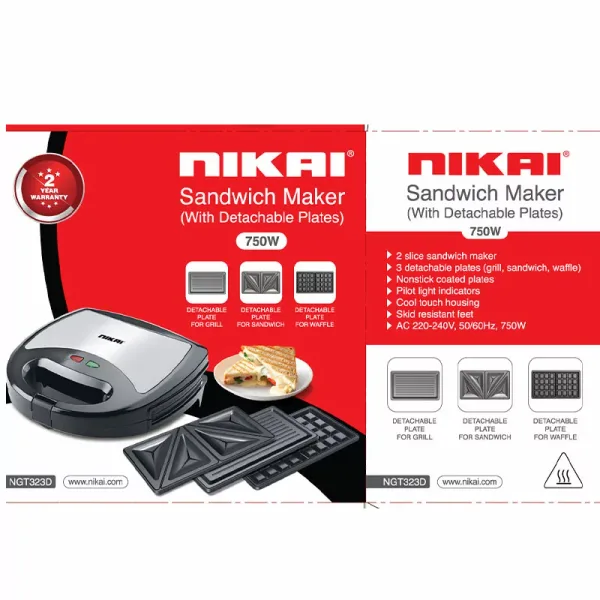 Nikai Sandwich Toaster 2 Slice 3 In 1 Waffle Grill And Sandwich 750W NGT323D Non Stick Coating Plates Cool Touch Housing Detachable Plates With Light Indicator