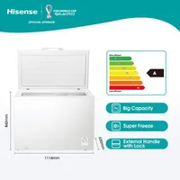 Hisense Chest Freezer 297L Multimode Function, Energy Saving, Spring-load Hinges, Defrost Drain, Handle, Aluminum, Super Freezer, Lock, White H395CF
