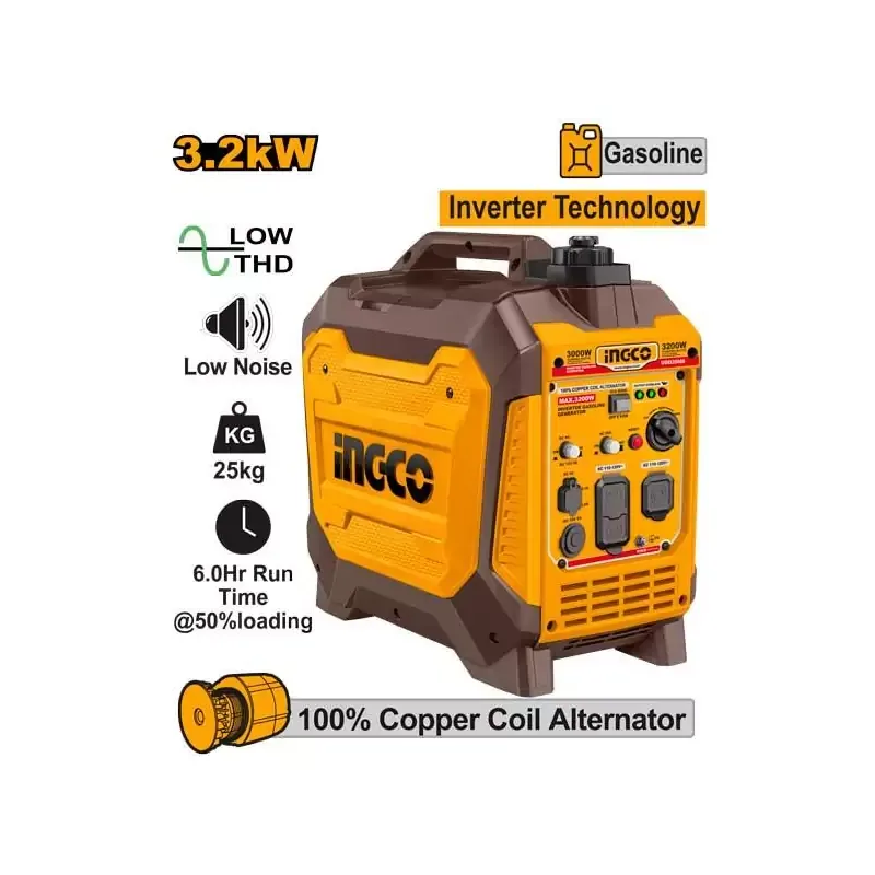 Ingco Inverter Gasoline Generator 3.2kW with 4 Stroke Engine, 6.3L Fuel Tank, Copper Coil, Low Oil Shutdown GEI35006