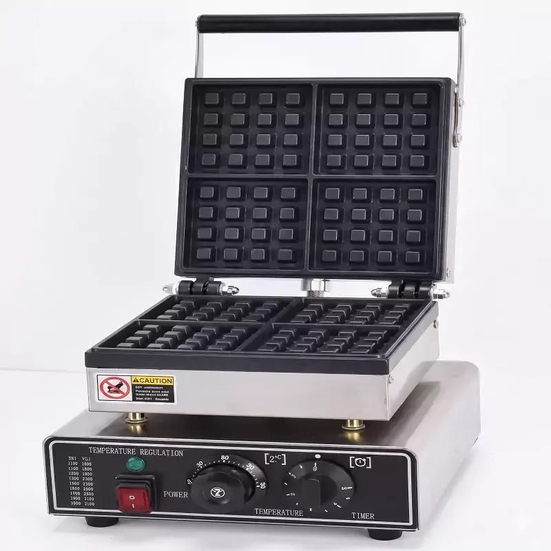 Commercial Electric 4-Plate Square Waffle Machine, 1.6kW Professional 4x4 Grid Waffle Maker, Industrial Heavy-Duty Belgian Square Waffle Baker WG-HF-4S
