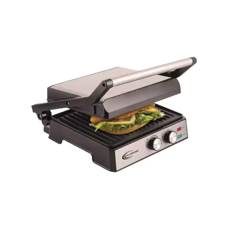 Silverdome 4-Slice Panini Grill Sandwich Maker Non-Stick Plates & 180� BBQ Opening with Drip Tray PAG-200