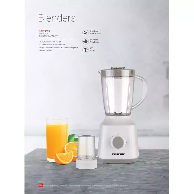 Nikai Blender 1.5l with Dry Grinder 300w Nb1700t3 Unbreakable Jar Stainless Steel Blades 2 Speeds With Pulse