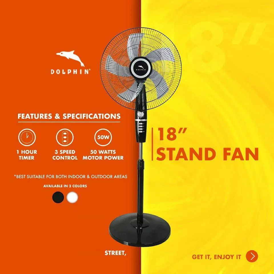 Dolphin Stand Fan 18" 50W w/Timer & Speed Plastic Blade 1870