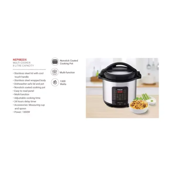 Nikai Pressure Cooker Electric 8L Digital Multi Functional Cooker 1300W NEP882DX Non Stick Cooking Pot Stainless Steel Wraped Body And Lid Adjustable Cooking Time With Cool Touch Handle