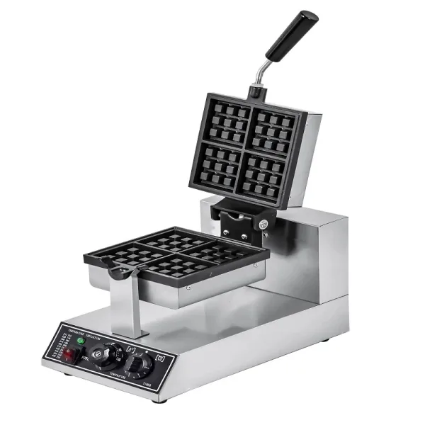Commercial Electric Rotating Square Waffle Machine 1 Plate 4-Piece 1.2kW High-Efficiency Industrial Baker, Professional 3x3 Grid Square Waffle Maker WG-RHF-4S