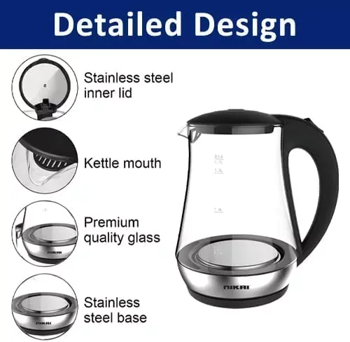 Nikai Jug Kettle 1.7L Glass With Cord Storage 2200W NK323G Automatic Shut Off Heat Plate With Led Indicator Light Detachable Filter Spout Cover
