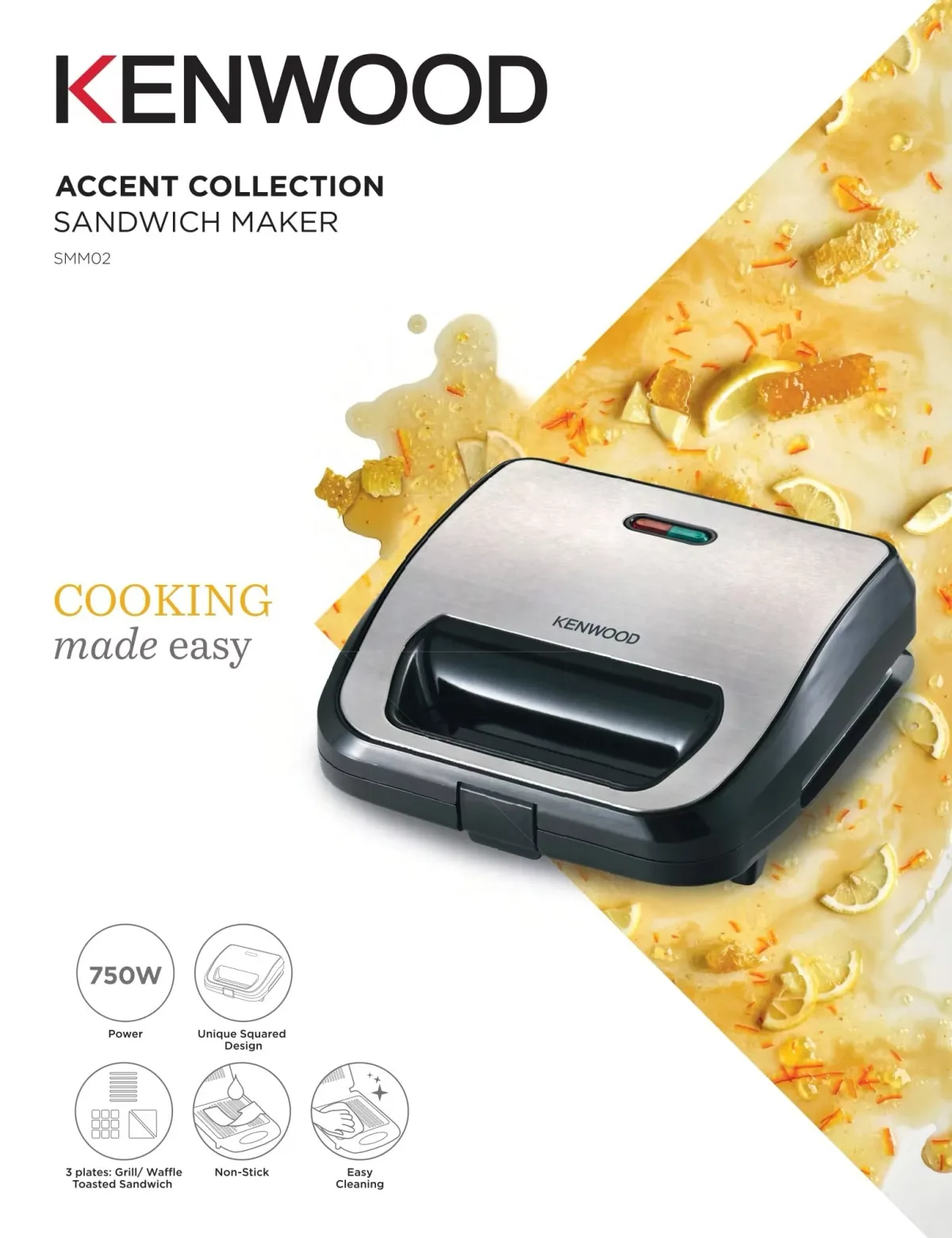 Kenwood Sandwich Toaster 2 Slice 3 in 1 Waffle Grill and Sandwich 750w Smm02.000si - Nonstick Grill Plates Cool Touch Handle Detachable Plates Light Indicator