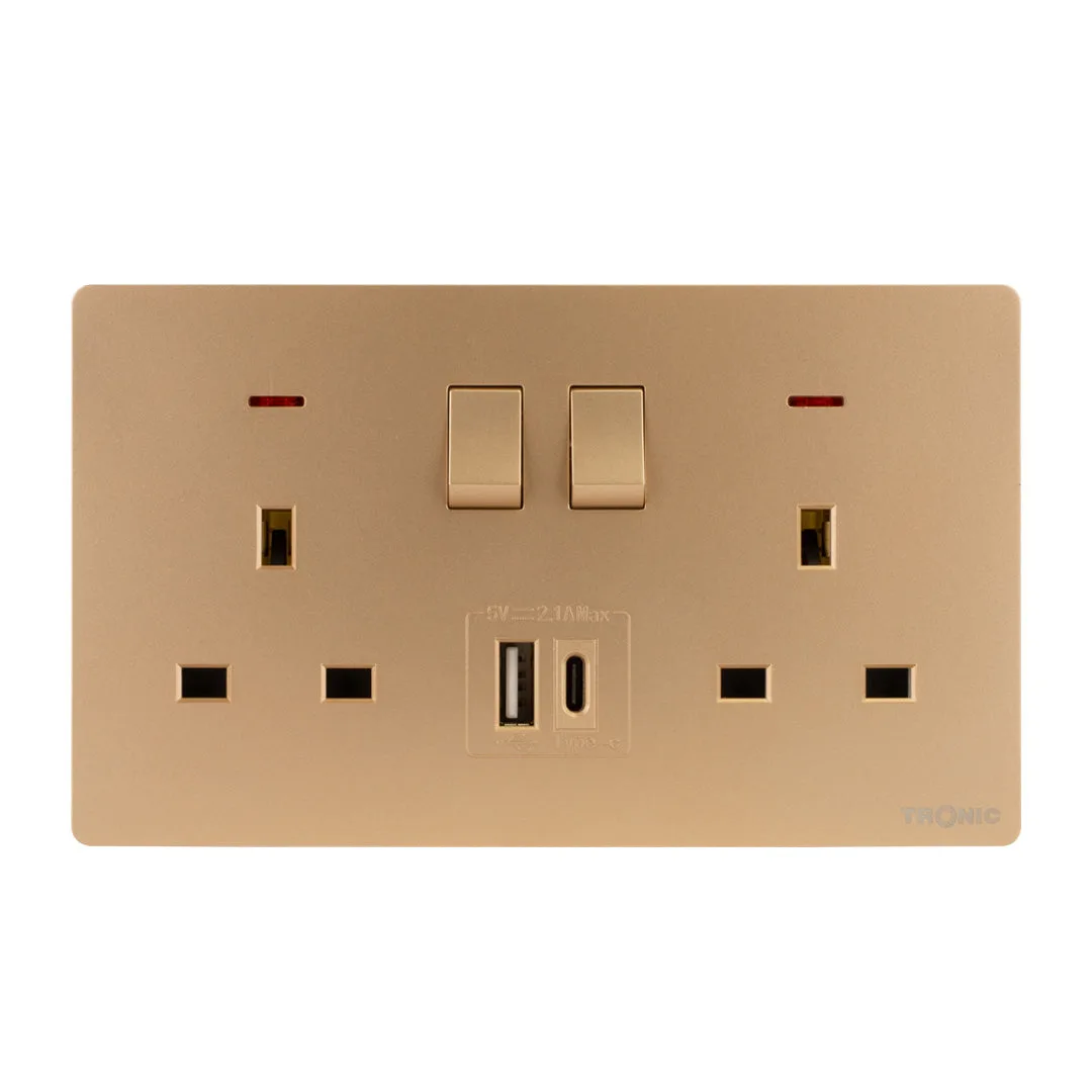 Tronic Gold - Twin Switch Socket with USB + Type C