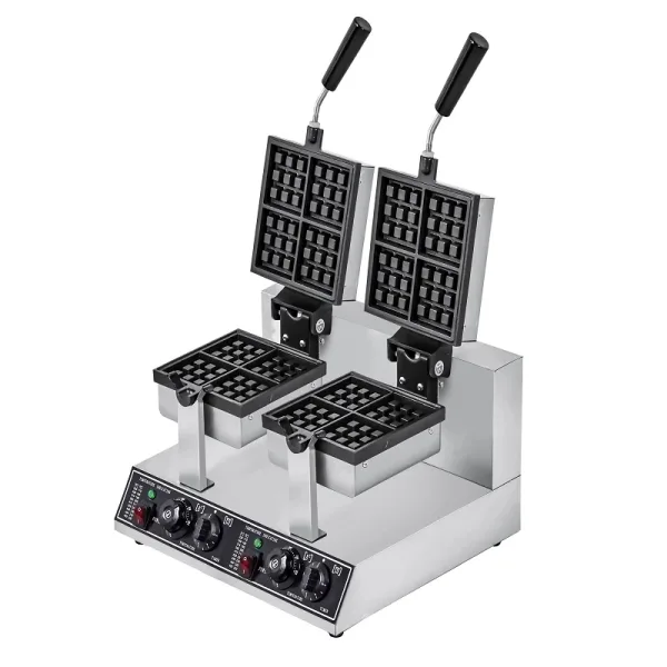 Commercial Electric Rotating Double Square Waffle Machine 2 Plate 8-Piece 2.4kW High-Output Industrial Baker, Professional Dual 3x3 Grid Waffle Station WG-RHF-4S-2