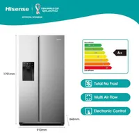 Hisense Refrigerator 474L Side by Side, Water & Ice Dispenser, No Frost, Multi Airflow, LED Lighting, Stainless Steel H690SS-IDL