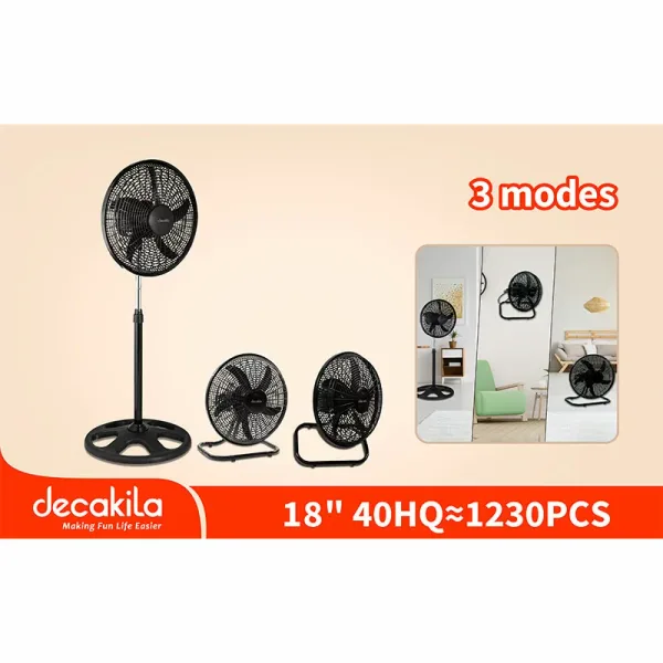 Decakila Stand Fan 18' 60W 3in1 Industrial Fan Wall Fan & Table Fan 5 Wings Span Height Adjustable Plastic Grill PP Blade KEFC008B