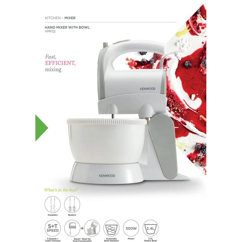 Kenwood Hand Mixer 5 Speed with Turbo Function 300w Hmp22.000wh - 2 Beaters For Eggs And Cream And 2 Hooks For Mixing Dough 5 Speeds With Turbo Function