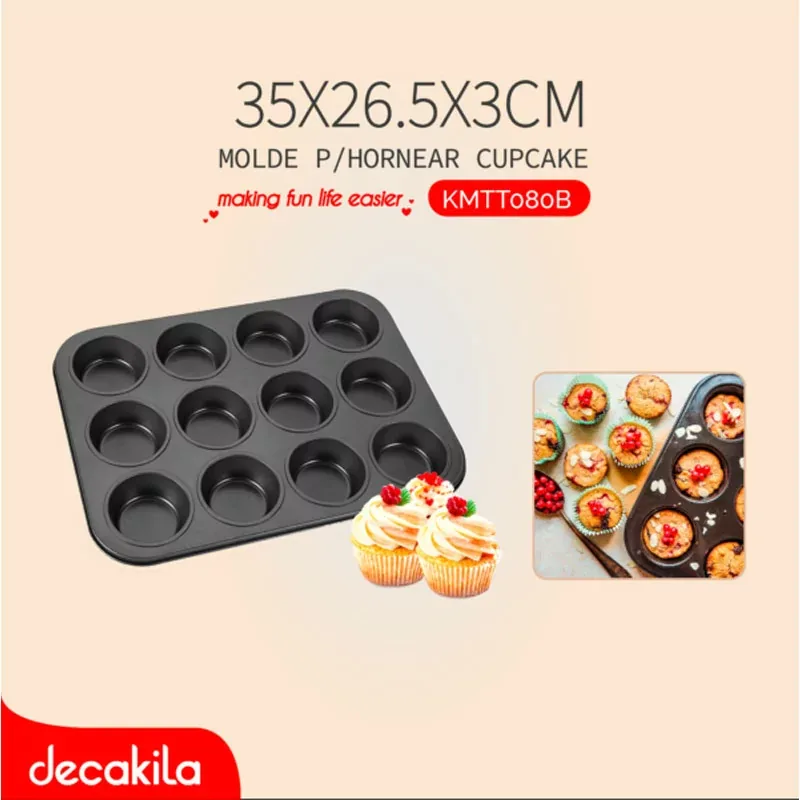 Decakila Cup Cake Tray 12 Holes 35x26.5x3 CM Steel Muffin Pans Style For Baking Non Stick KMTT080B
