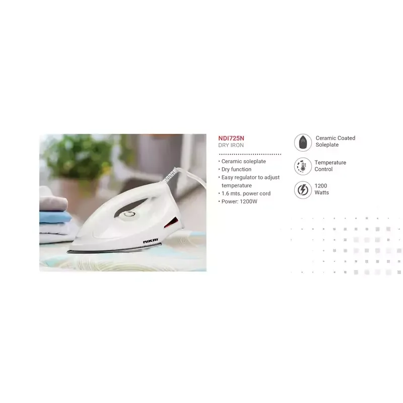 Nikai Dry Iron Ceramic Sole Plate 1200W NDI725N 1.6m Power Cord Easy Regulator Temperature Control