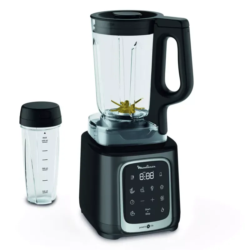 Moulinex Blender 2.6L Tritan Blender Jar with 2 Mills, 1600W, Razor Sharp 6 Blades, Infinity Mix, Digital Touch Control with 5 Automatic Programs, 10 Speed Settings, On the Go Bottle LM91HD27