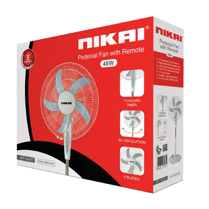 Nikai Stand Fan 16 inch Padestal Fan W/remote 45w NPF1634RT 7.5 Hours Timer High Performance Copper Motor 3 Speeds Low, Medium And High